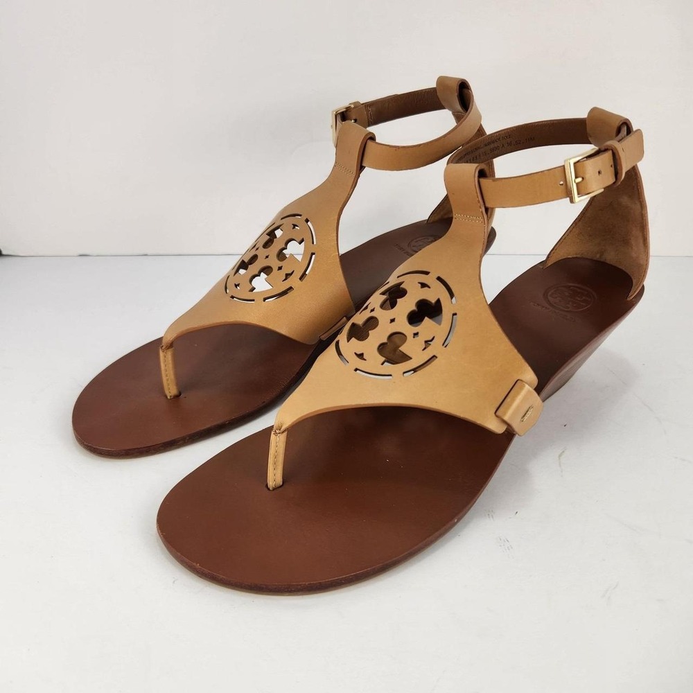 Tory Burch Women's Size 11M Tan Leather T-Strap Thong Sandals Logo Ankle Strap